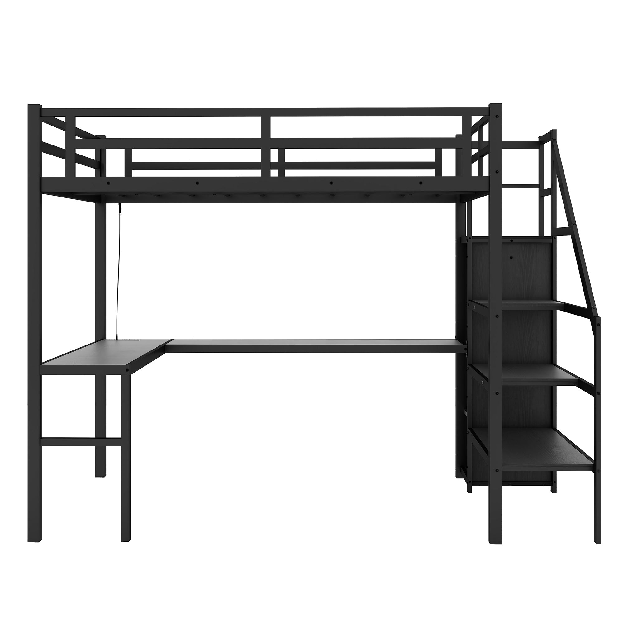 Full XL Size Loft Bed with L-shaped Desk and USB, Metal Loft Bed with Wardrobe and Adjustable Shelf, High Loft Bed with LED for Kids Teens Adults, Black