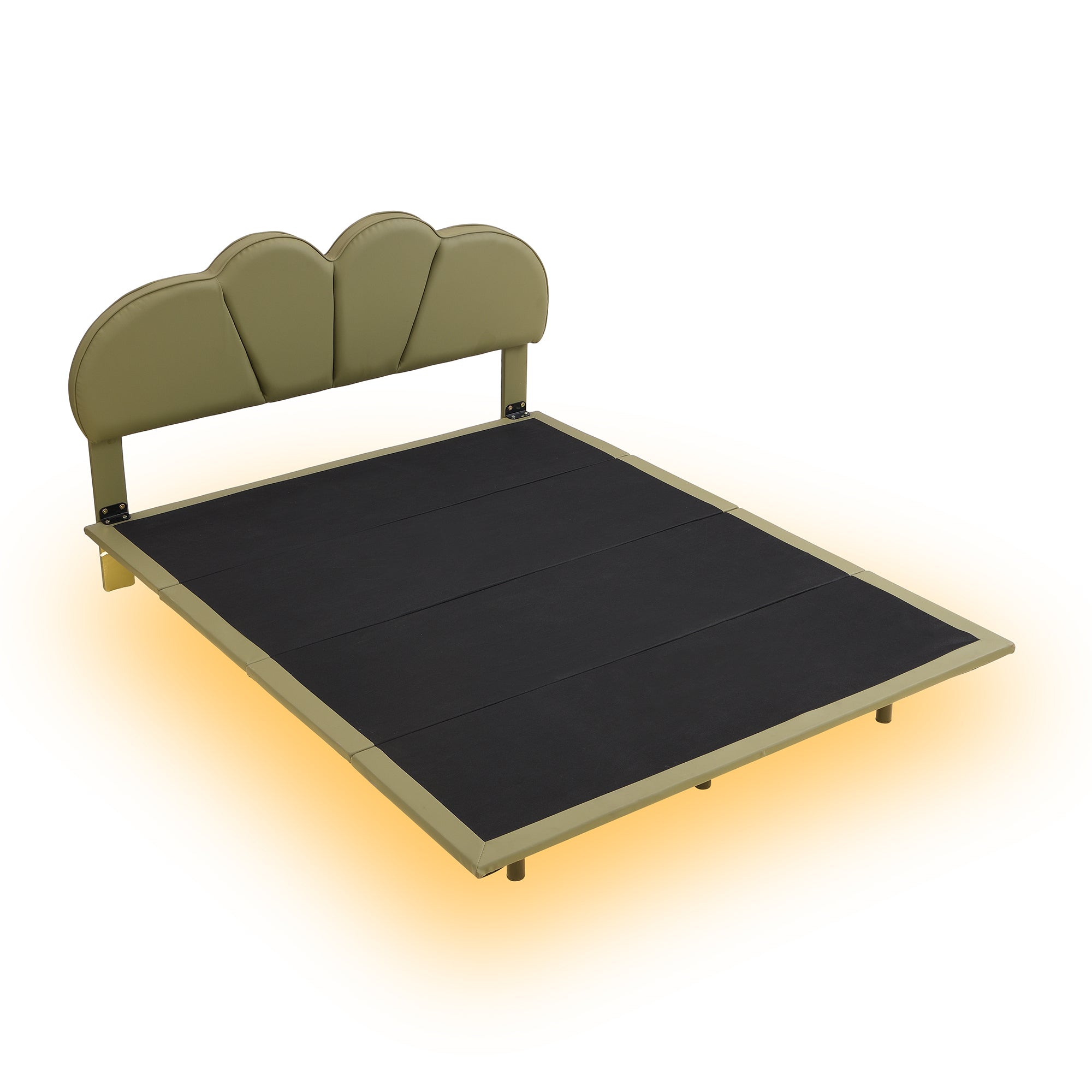 Queen Size Upholstery LED Floating Bed with PU Leather Headboard and Support Legs,Green