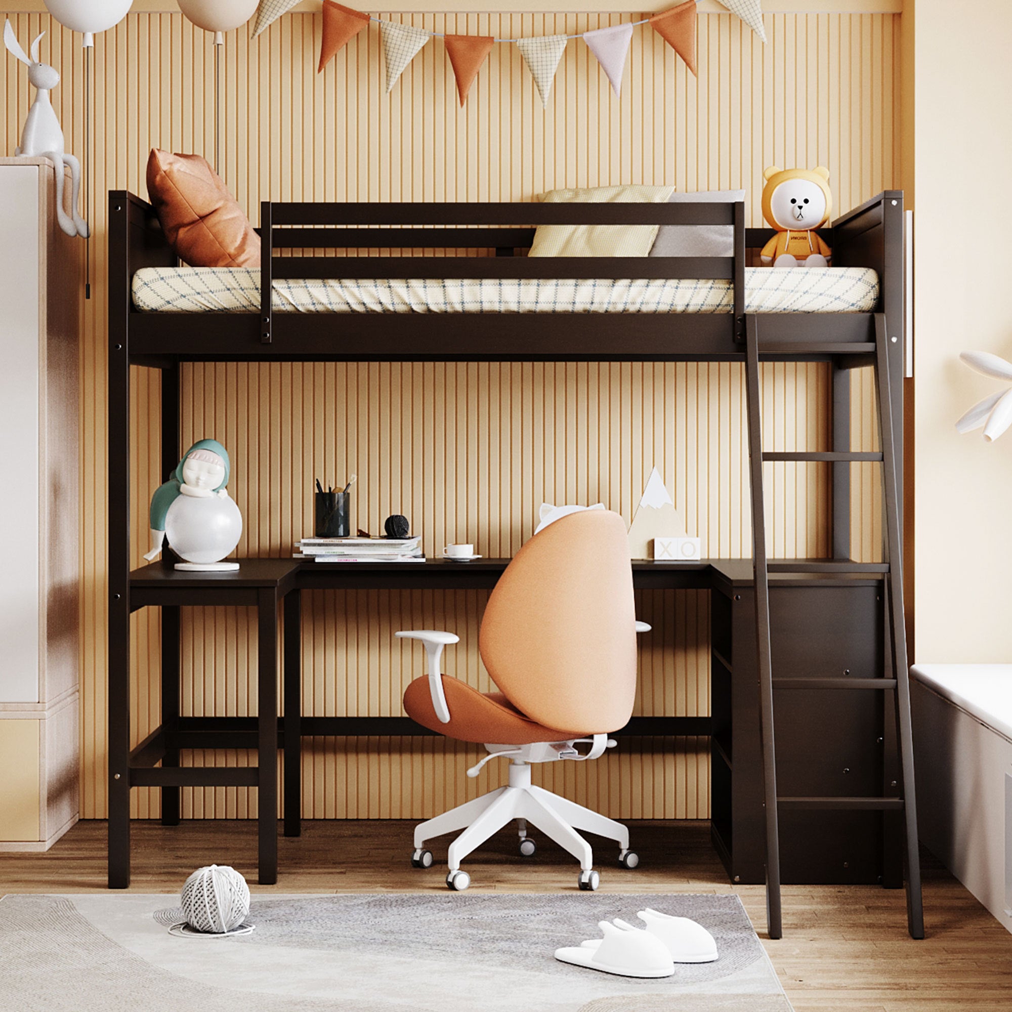 Twin size Loft Bed with Shelves and Desk, Wooden Loft Bed with Desk - Espresso(OLD SKU:LT000537AAP) - Atlantic Fine Furniture Melbourne FL