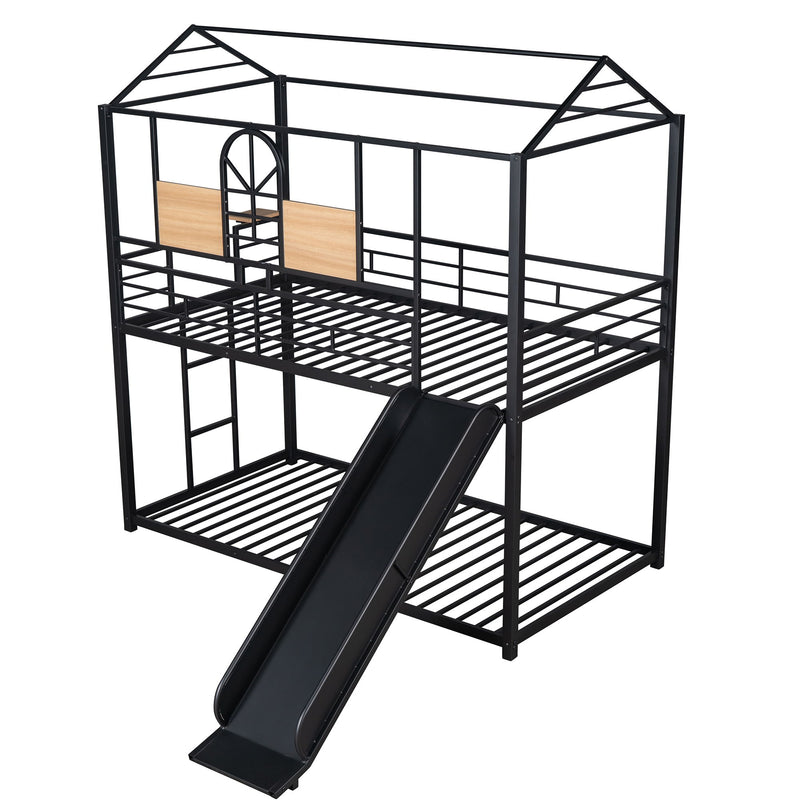 Twin Over Twin Metal Bunk Bed, Metal Housebed With Slide, Three Colors Available