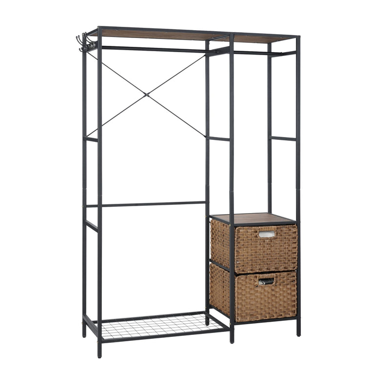 Garment Rack With Shelves, 2 Wicker Drawers, 4 Hooks, Organizer