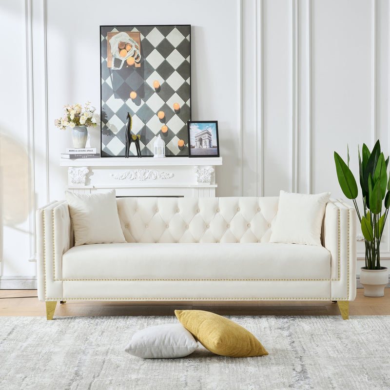 3 And 3 Seater Deep Seat Sofa With Button Nailhead And Square Arm Design - Beige