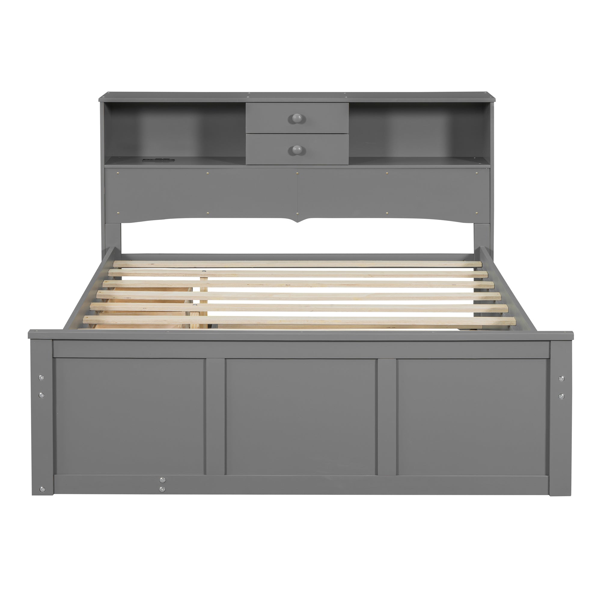 Full Size Wood Pltaform Bed with win Size Trundle, 3 Drawers, Upper Shelves and a set of USB Ports & Sockets, Gray - Atlantic Fine Furniture Melbourne FL