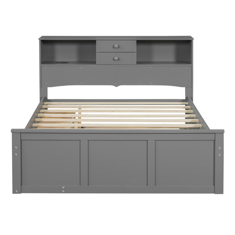 Full Size Wood Pltaform Bed with win Size Trundle, 3 Drawers, Upper Shelves and a set of USB Ports & Sockets, Gray