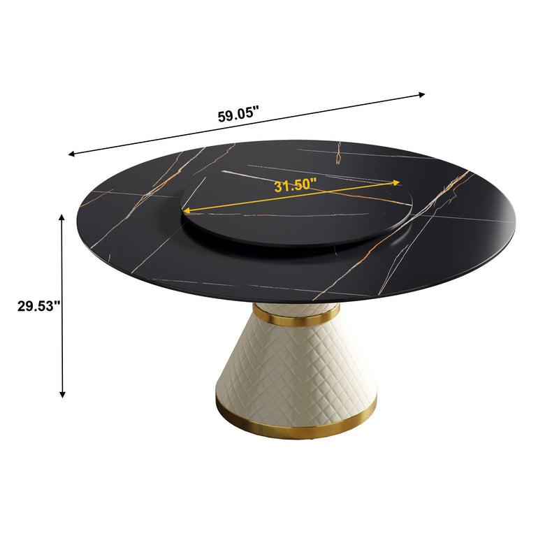 59.05" Modern Artificial Stone Round Carbon Steel Base Dining Table, Can Accommodate 6 People, Artificial Stone Turntable - White / Black