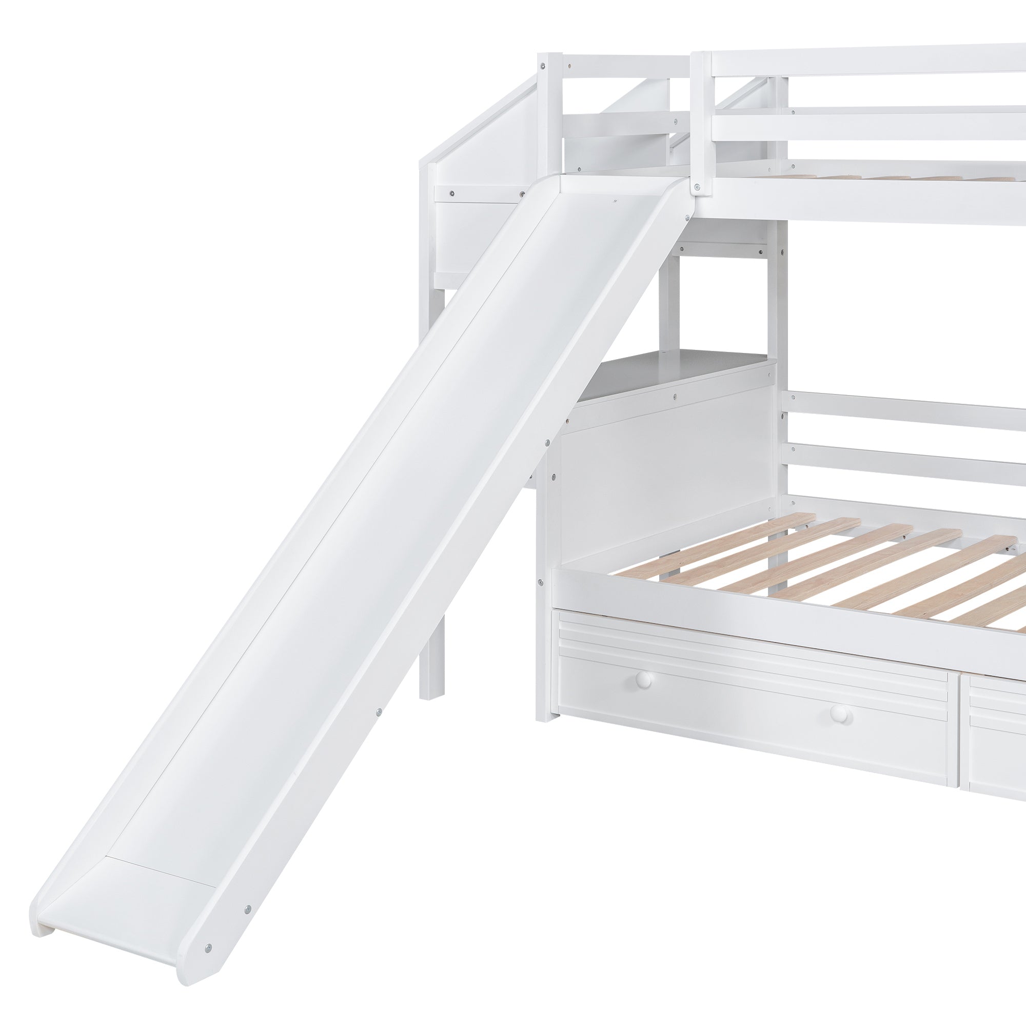 Twin over Twin Bunk Bed with Storage Staircase, Slide and Drawers, Desk with Drawers and Shelves, White - Atlantic Fine Furniture Melbourne FL