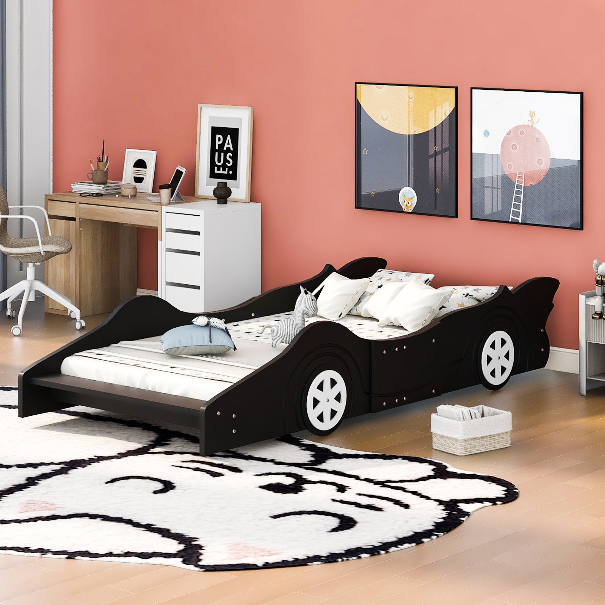 Twin Size Race Car-Shaped Platform Bed with Wheels,Black - Atlantic Fine Furniture Melbourne FL