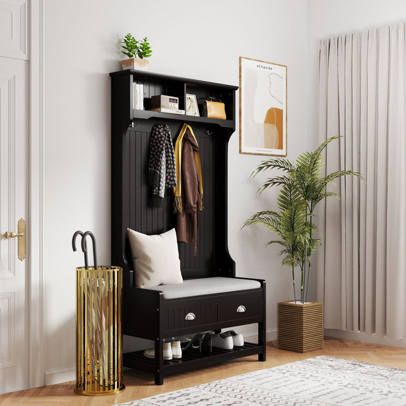 Modern 3 In 1 Hallway Hall Tree With Storage Drawers, Coat Rack, Shoe Rack Bench And Cushion