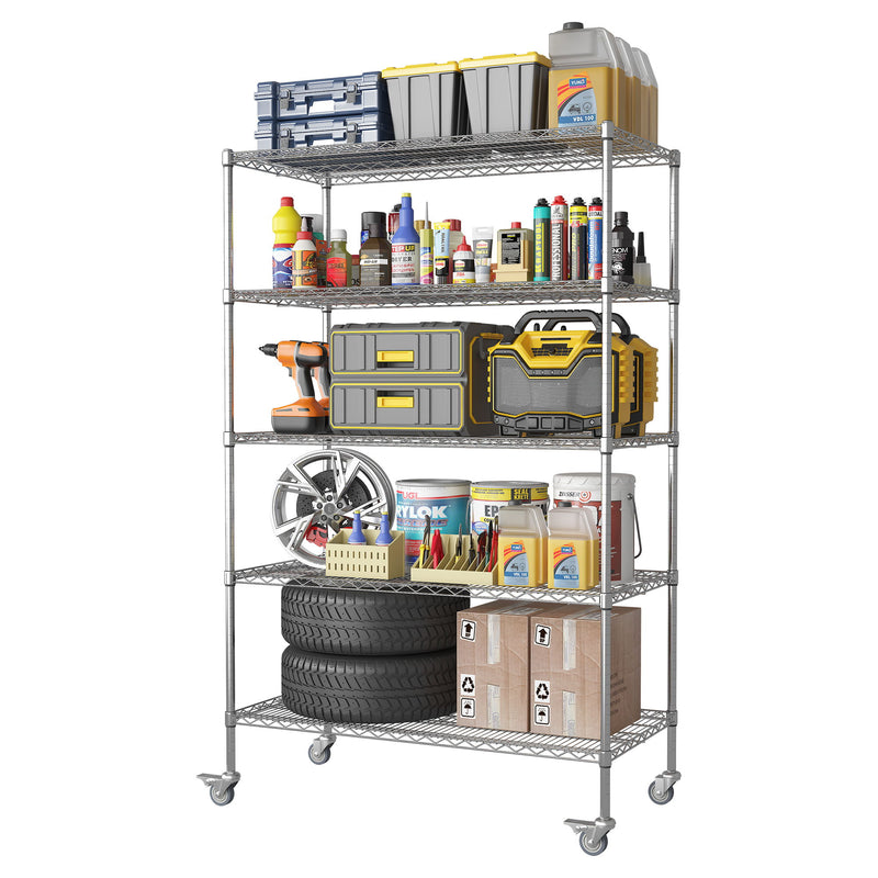 Heavy Duty Adjustable Shelving Unit, 5 Tier Wire Storage Shelves With Wheels - Brushed Nickel