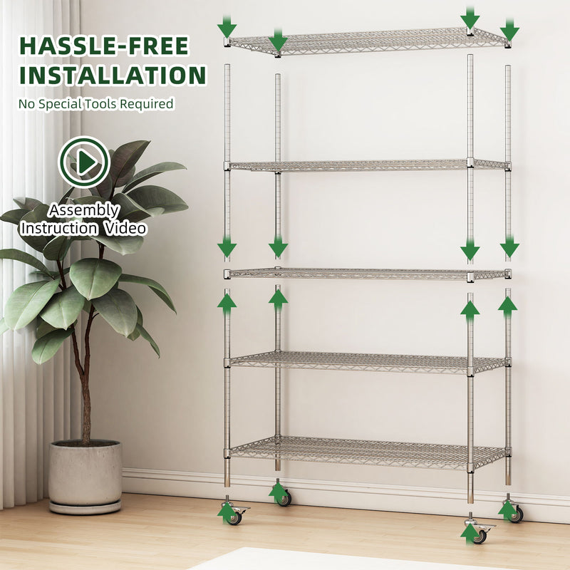 Heavy Duty Adjustable Shelving Unit, 5 Tier Wire Storage Shelves With Wheels - Brushed Nickel