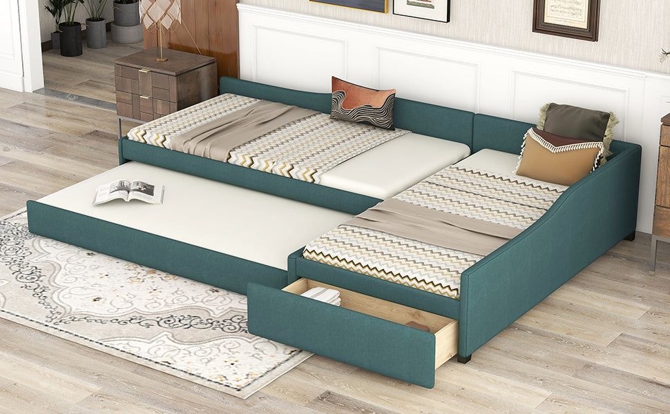 Upholstered Double Twin Size Daybed with Trundle and Drawer, Green - Atlantic Fine Furniture Melbourne FL