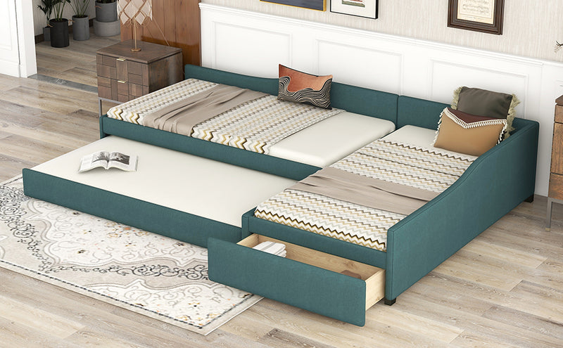 Upholstered Double Twin Size Daybed with Trundle and Drawer, Green