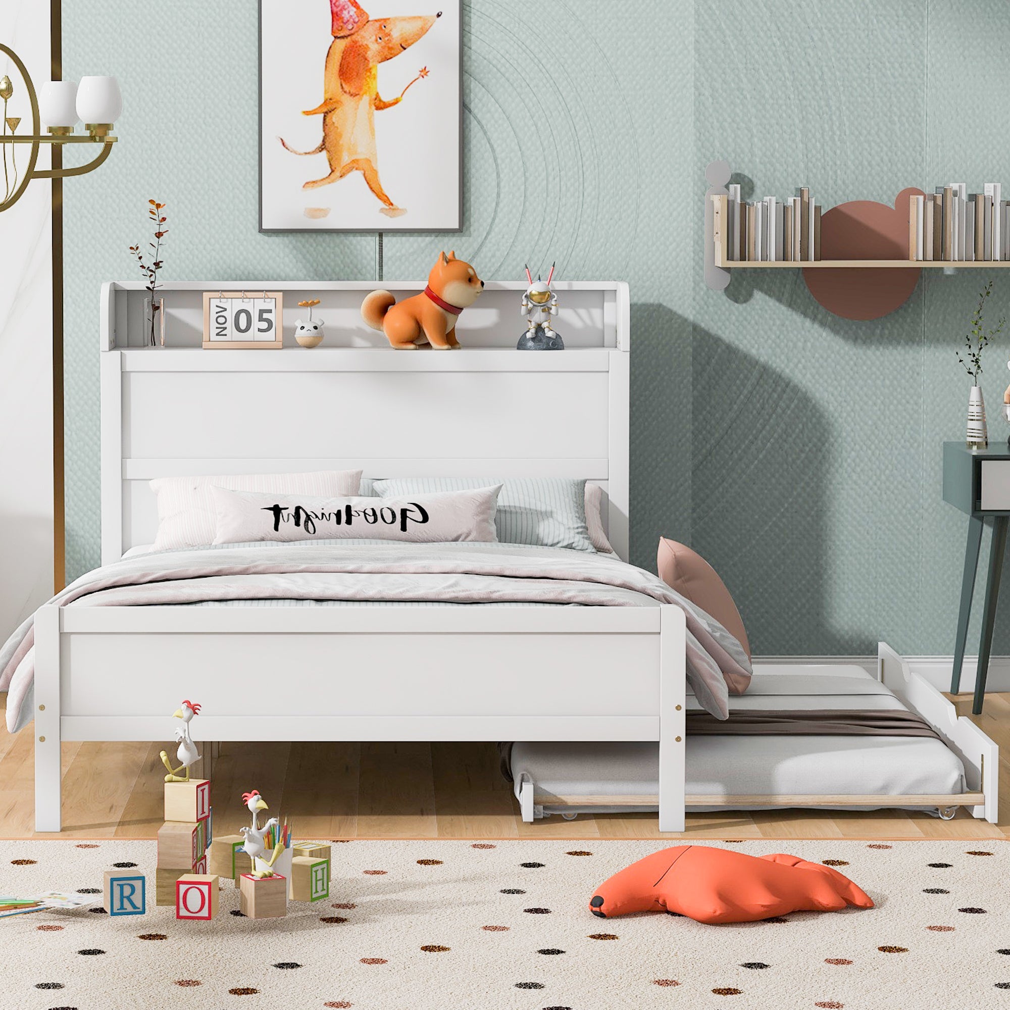 Full Size Platform Bed with Storage Headboard and Twin Size Trundle, White - Atlantic Fine Furniture Melbourne FL