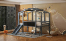 Loft House Bed With Ladder And Slide, With Blackboard And Light Strip On The Roof