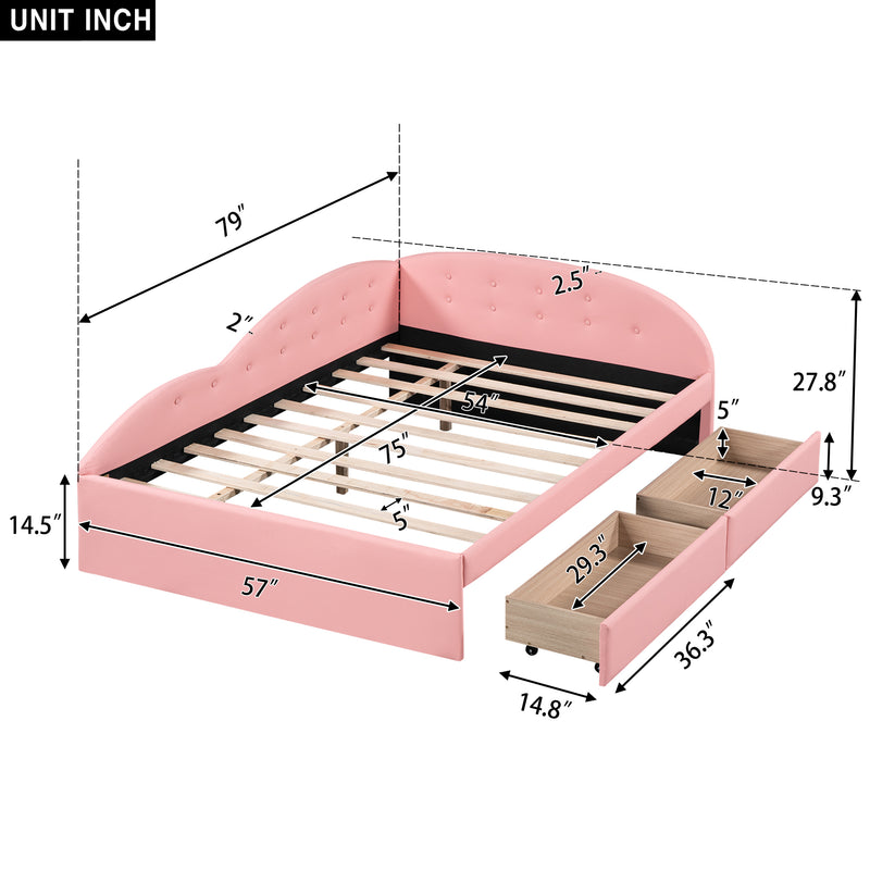 Full Size PU Upholstered Tufted Daybed with Two Drawers and Cloud Shaped Guardrail, Pink