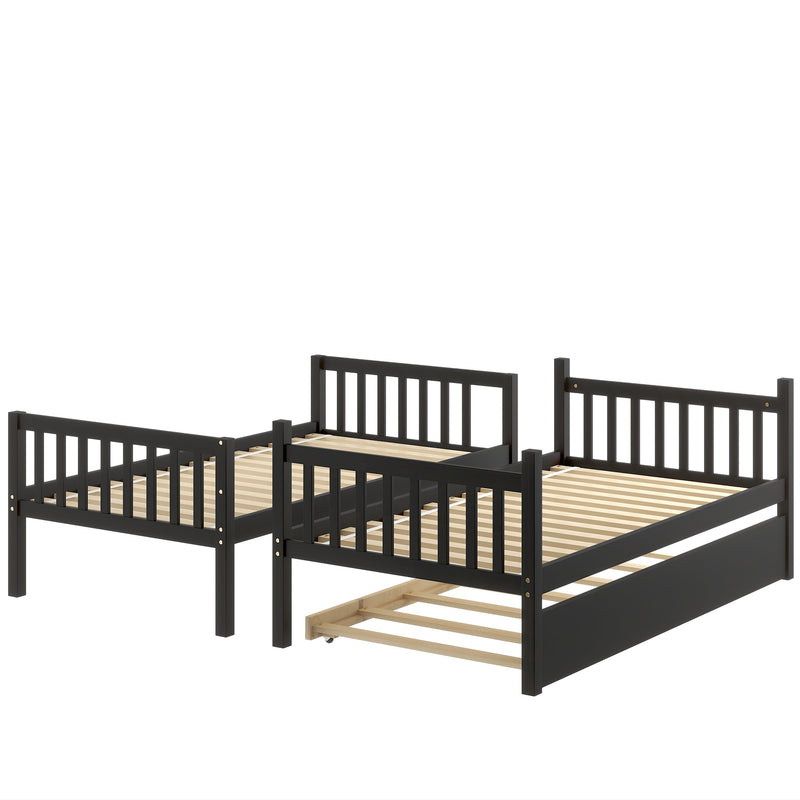 Twin Over Twin Bunk Beds with Trundle, Solid Wood Trundle Bed Frame with Safety Rail and Ladder, Kids/Teens Bedroom, Guest Room Furniture, Can Be converted into 2 Beds,Espresso