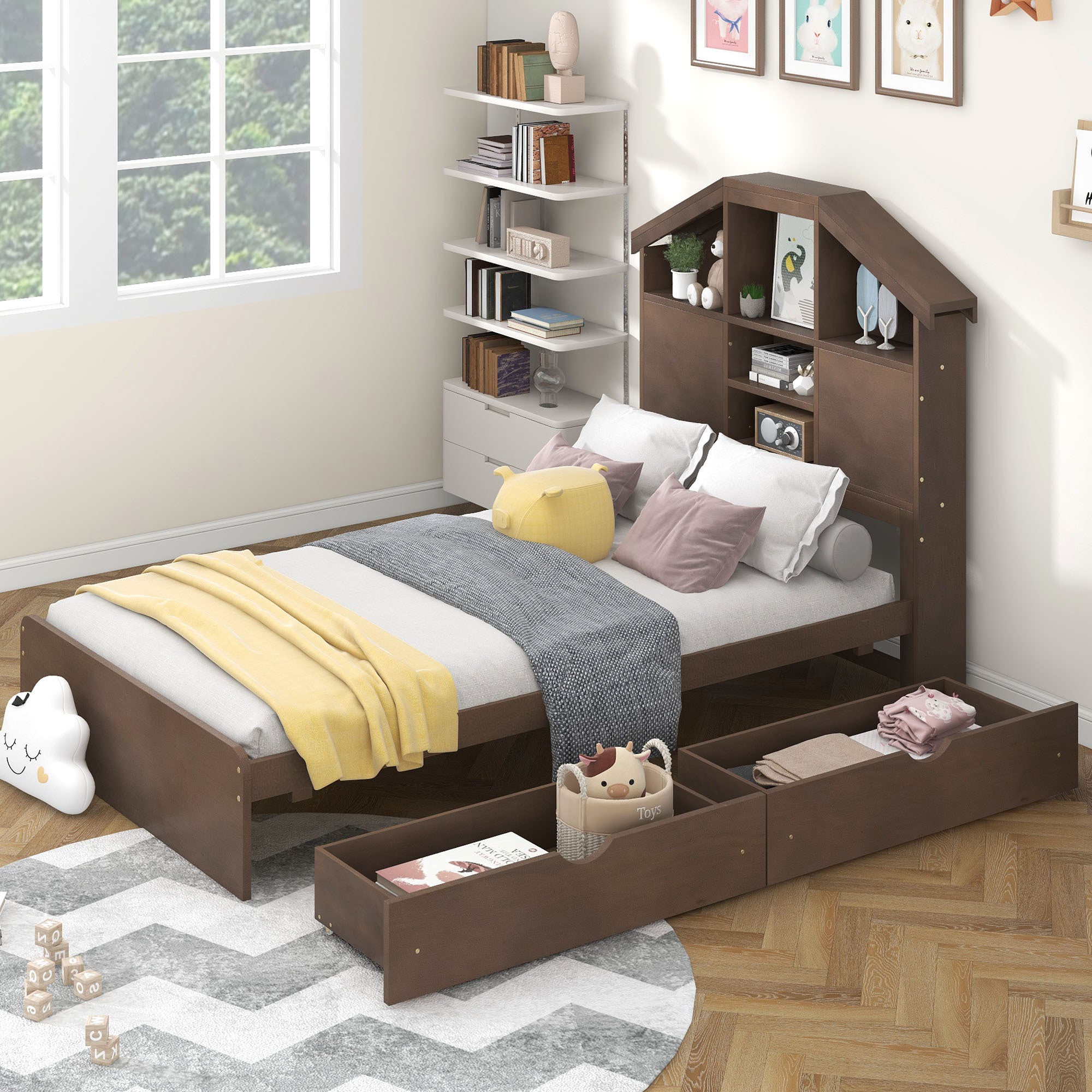 Twin Size Wood Platform Bed with House-shaped Storage Headboard and 2 Drawers, Walnut - Atlantic Fine Furniture Melbourne FL