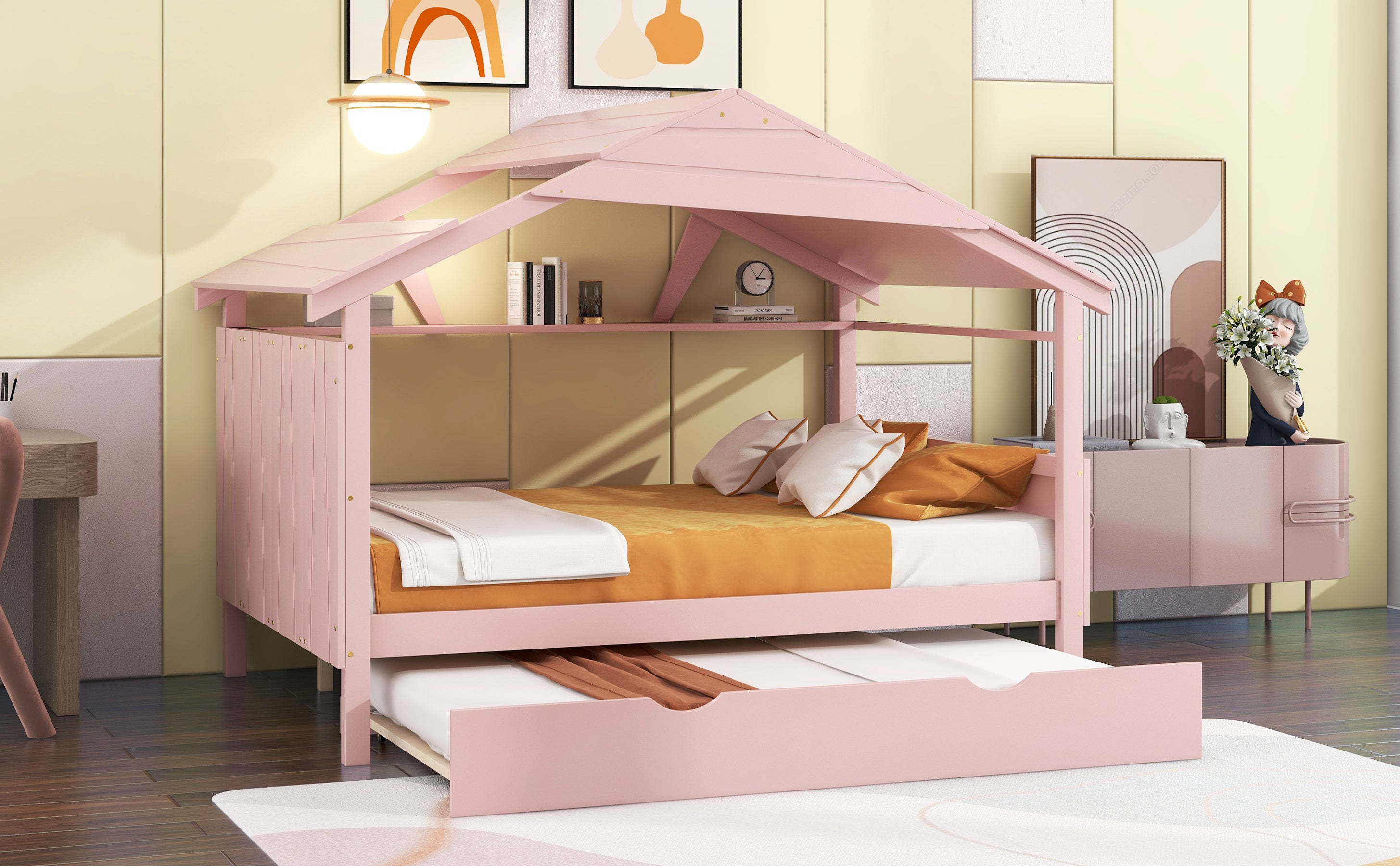 Wood Full Size House Bed with Twin Size Trundle and Storage, Pink - Atlantic Fine Furniture Melbourne FL