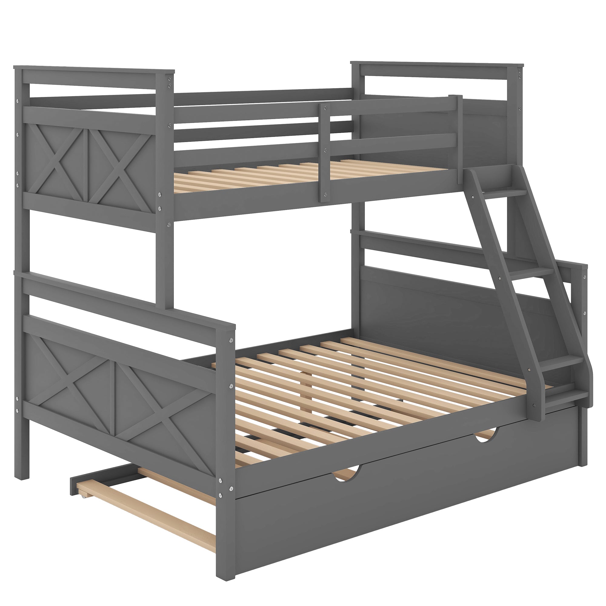 Twin over Full Bunk Bed with Ladder, Twin Size Trundle, Safety Guardrail, Gray - Atlantic Fine Furniture Melbourne FL