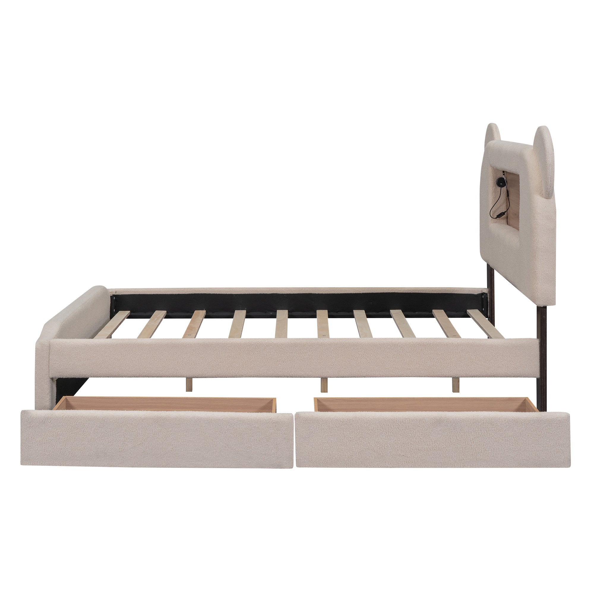 Full Size Upholstered Storage Platform Bed with Cartoon Ears Shaped Headboard, LED and USB, Beige - Atlantic Fine Furniture Melbourne FL
