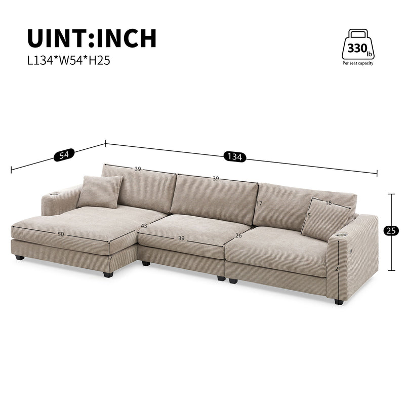 Oversized Corduroy Sectional Sofa, L Shaped Cloud Couch With USB Charging Port, Cup Holder, Deep Seat Sofa Bed With 50" Chaise, Comfy Indoor Furniture For Living Room