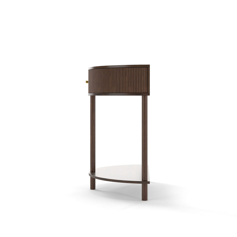 Boho Rattan Semi Circle End Table With Sliding Rattan Door, Storage And Bottom Shelf