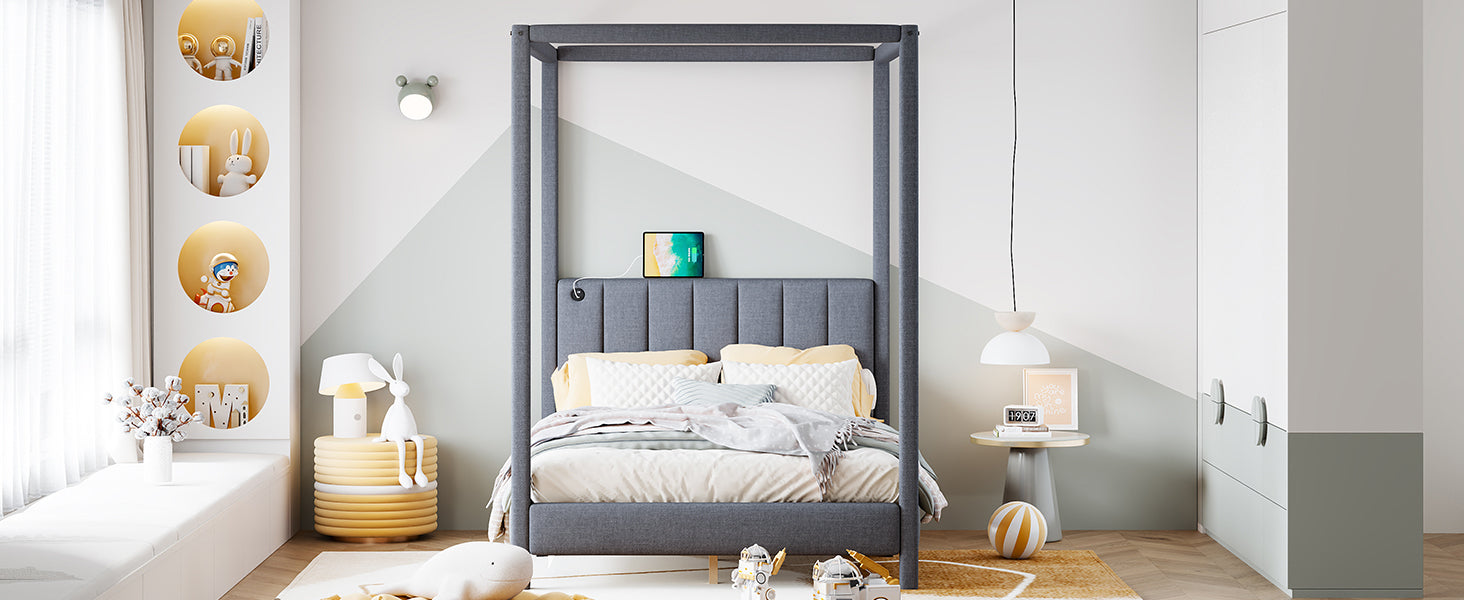 Full Size Canopy Platform Bed with USB and Type-C Ports, Canvas, Gray - Atlantic Fine Furniture Melbourne FL