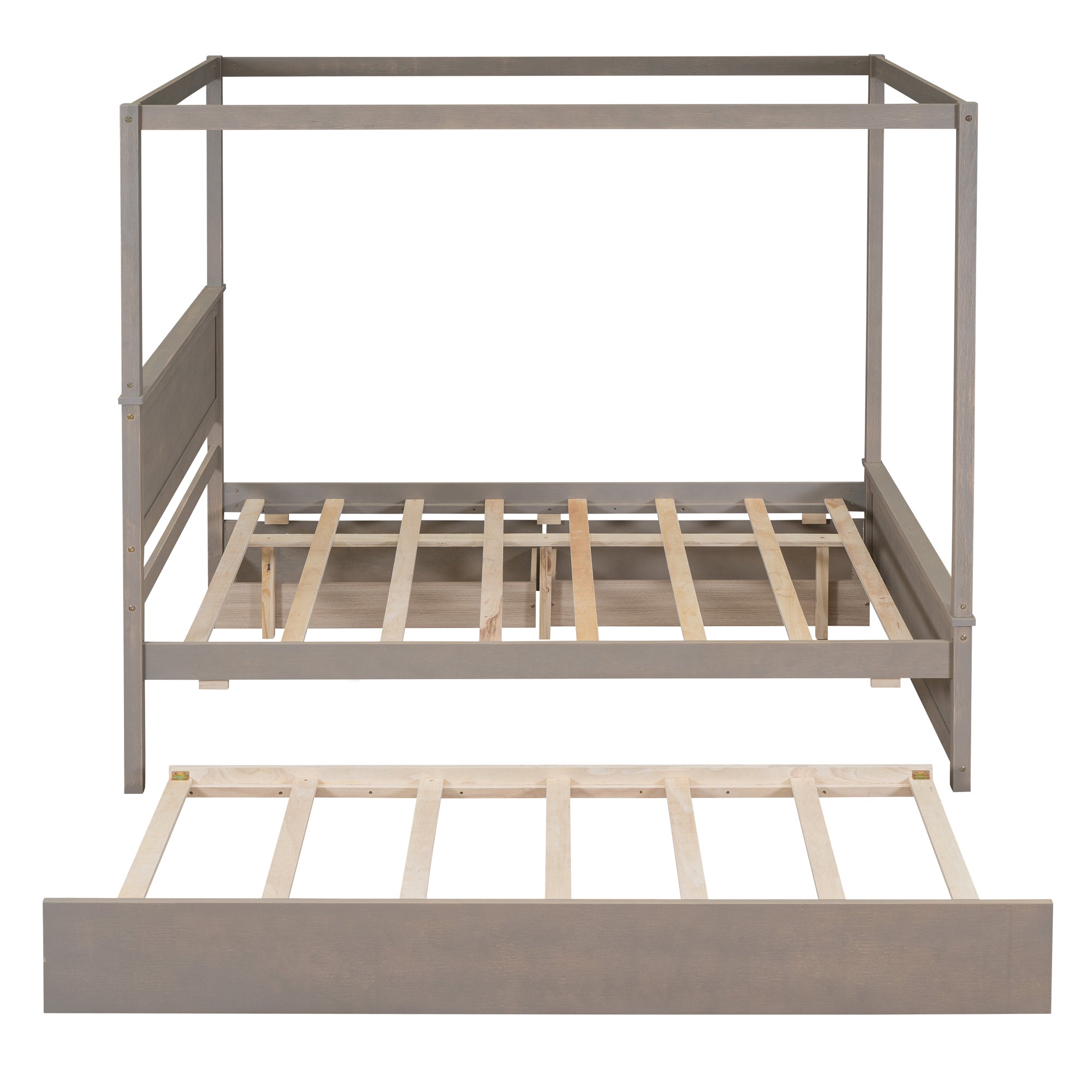 Wood Canopy Bed with Trundle Bed and two Drawers ,Full Size Canopy Platform bed With Support Slats .No Box Spring Needed, Brushed Light Brown - Atlantic Fine Furniture Melbourne FL