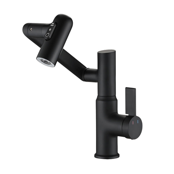 Modern Brass Bathroom Sink Faucet With Spray Function, Temperature Display & 360 Degree Rotary - Matte Black