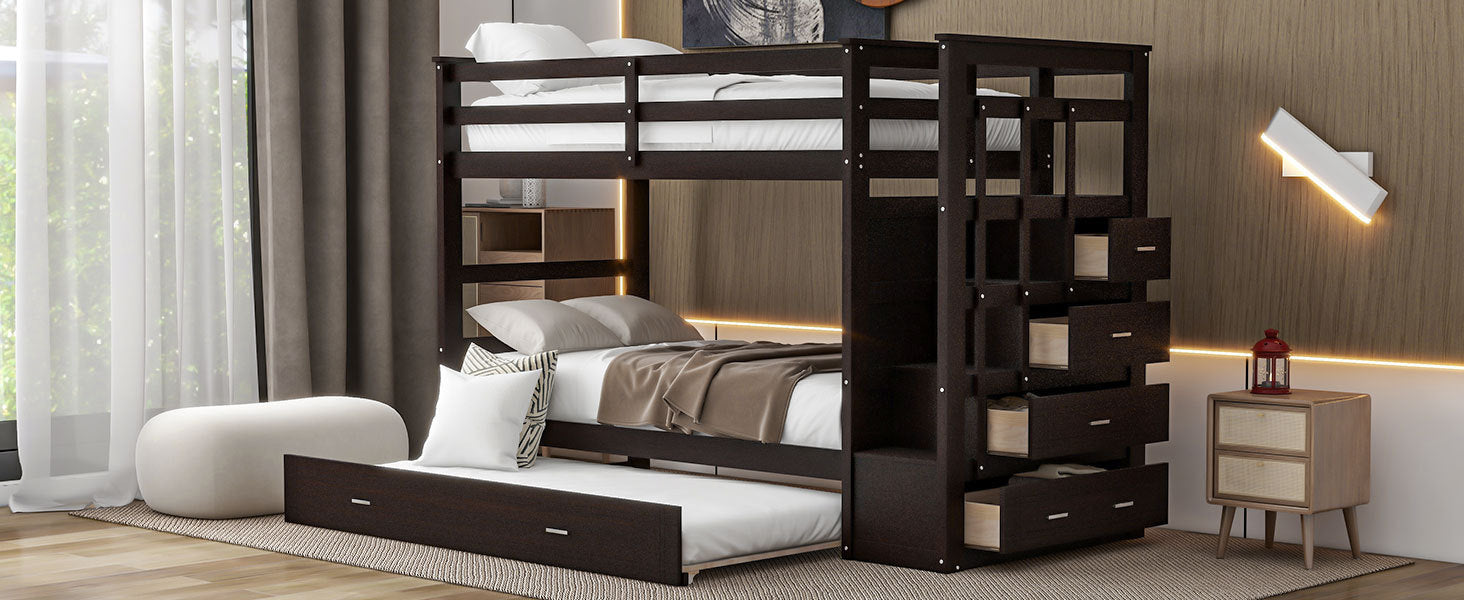 Twin Over Twin Bunk Bed with Trundle and Staircase,Espresso(OLD SKU:LT000068AAP) - Atlantic Fine Furniture Melbourne FL