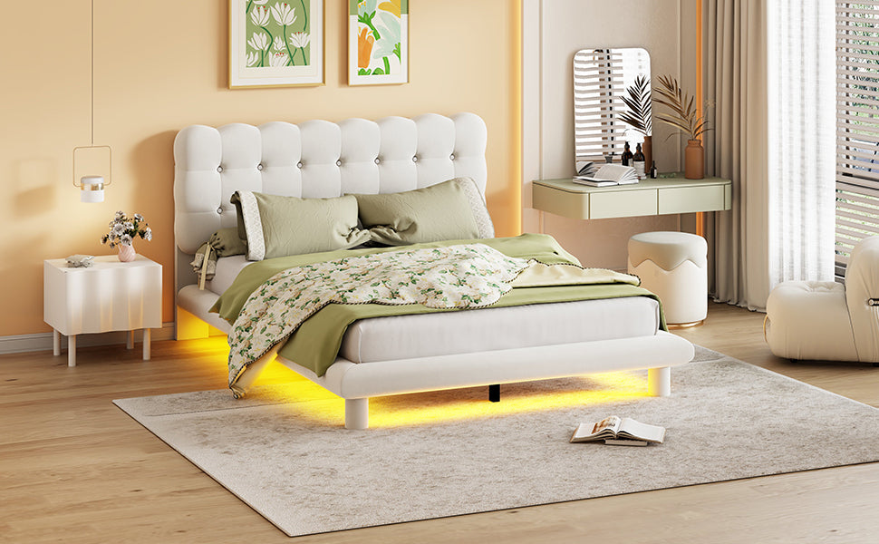 Queen Size Velvet Platform Bed with LED Frame, Thick & Soft Fabric and Button-tufted Design Headboard, Beige - Atlantic Fine Furniture Melbourne FL