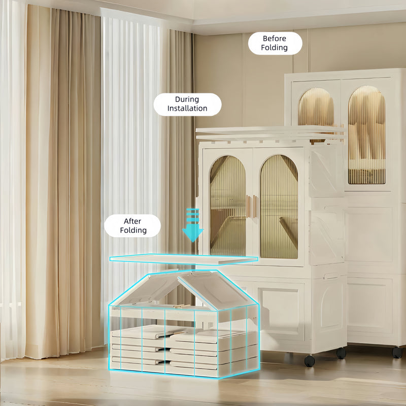 Side Wide Folding Wardrobe, With Magnetic Door, Plastic Storage Cabinet With Wheels (1 Layer Of Wardrobe + 2 Layers Of Folding Boxes + 10 Hangers) - Cream White