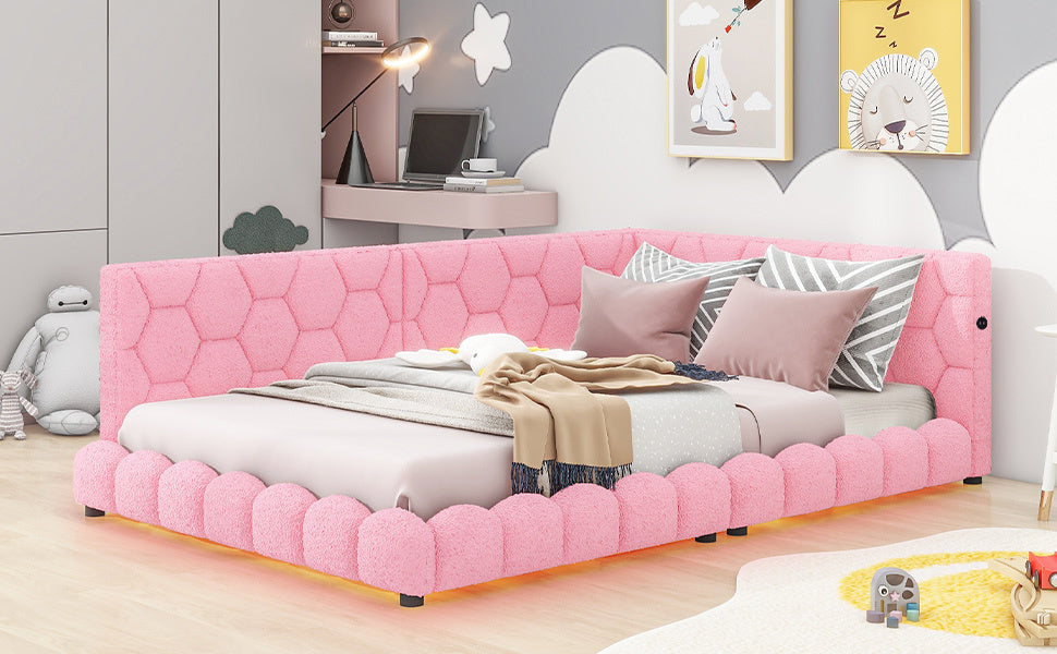 Upholstered Full Size platform bed with USB Ports and LED belt, Pink - Atlantic Fine Furniture Melbourne FL