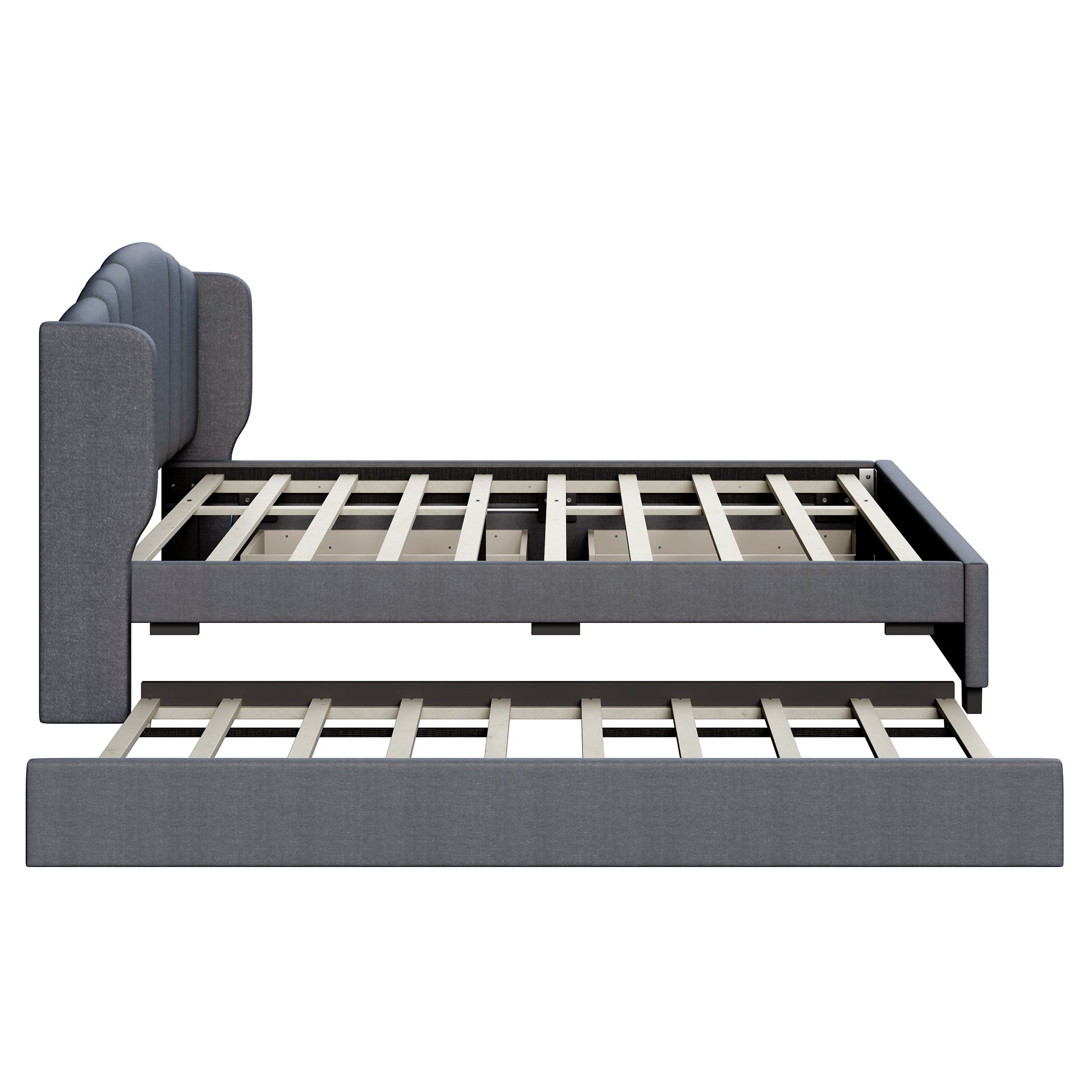 Upholstered Platform Bed with Wingback Headboard, One Twin Trundle and 2 Drawers, No Box Spring Needed, Linen Fabric, Queen Size Gray - Atlantic Fine Furniture Melbourne FL