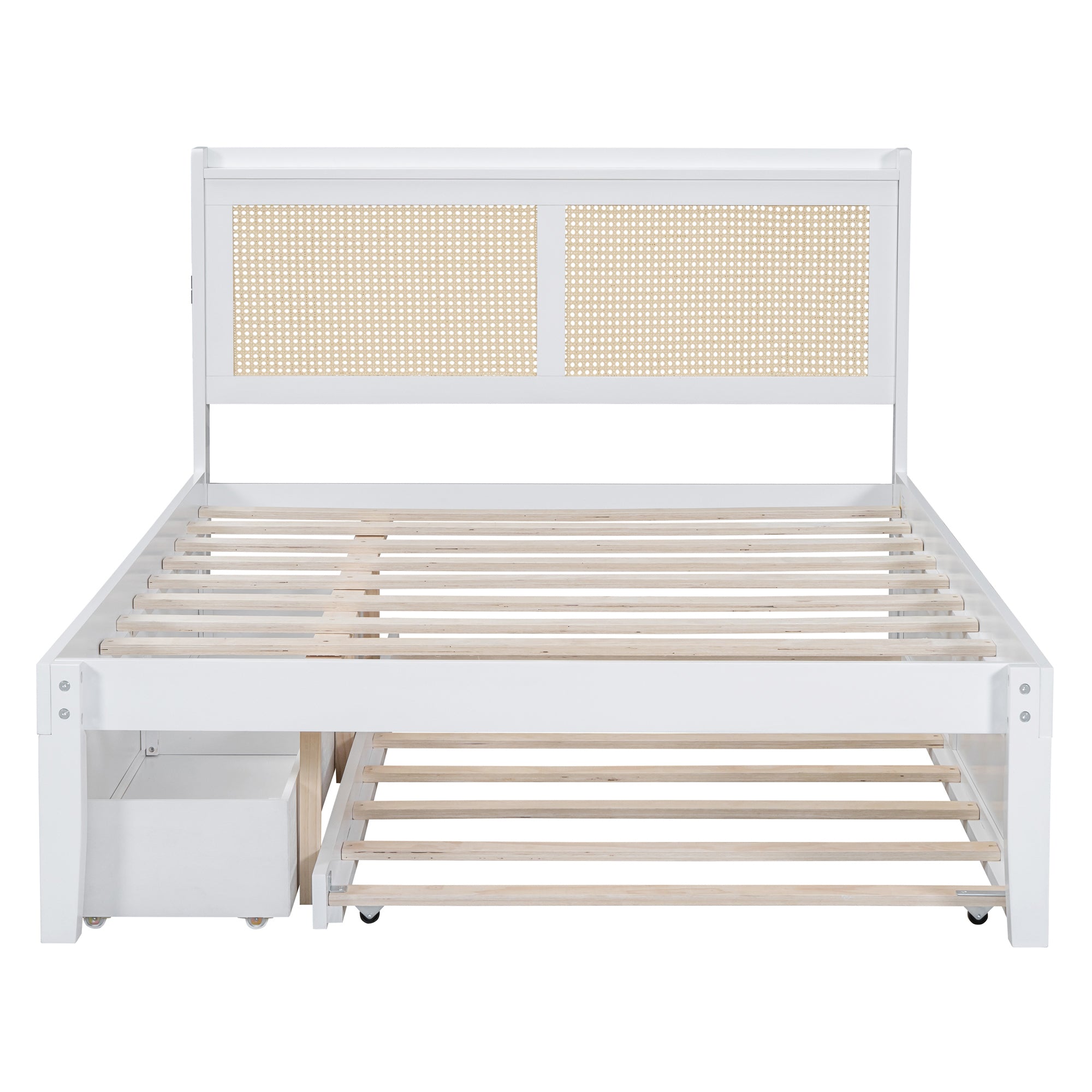Full Size Elegant Bed Frame with Rattan Headboard and Sockets ,White - Atlantic Fine Furniture Melbourne FL