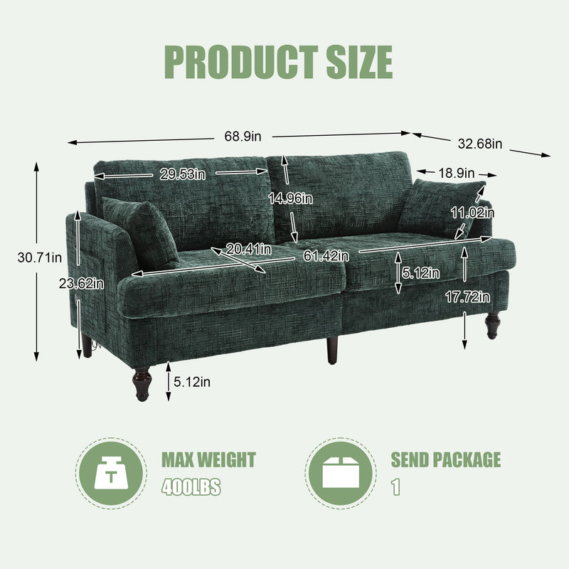 Chenille 2 Seater Sofa With LED Light, USB Charging Port, And Storage Bag