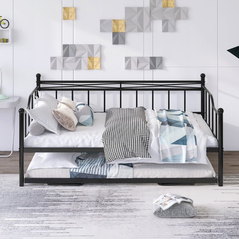 Full Size Metal Daybed with Twin Size Adjustable Trundle, Portable Folding Trundle, Black(OLD SKU:MF293736AAB)