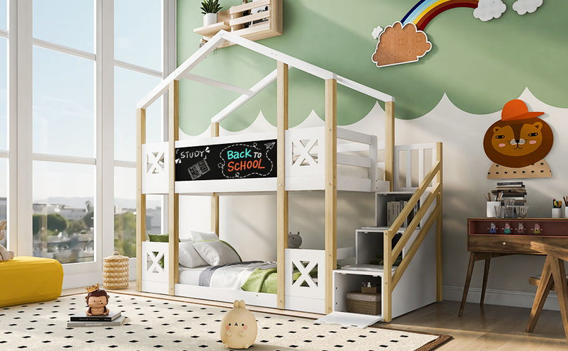 Twin Over Twin House Bunk Bed With White Storage Staircase And Blackboards - White