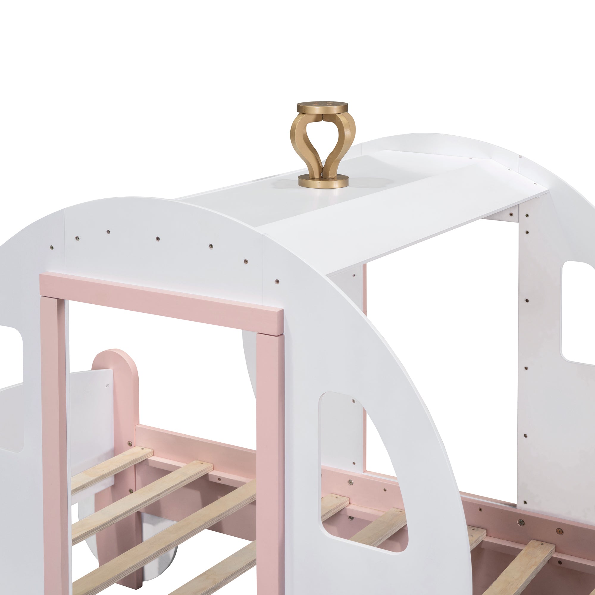 Twin size Princess Carriage Bed with Crown ,Wood Platform Car Bed with Stair,White+Pink - Atlantic Fine Furniture Melbourne FL