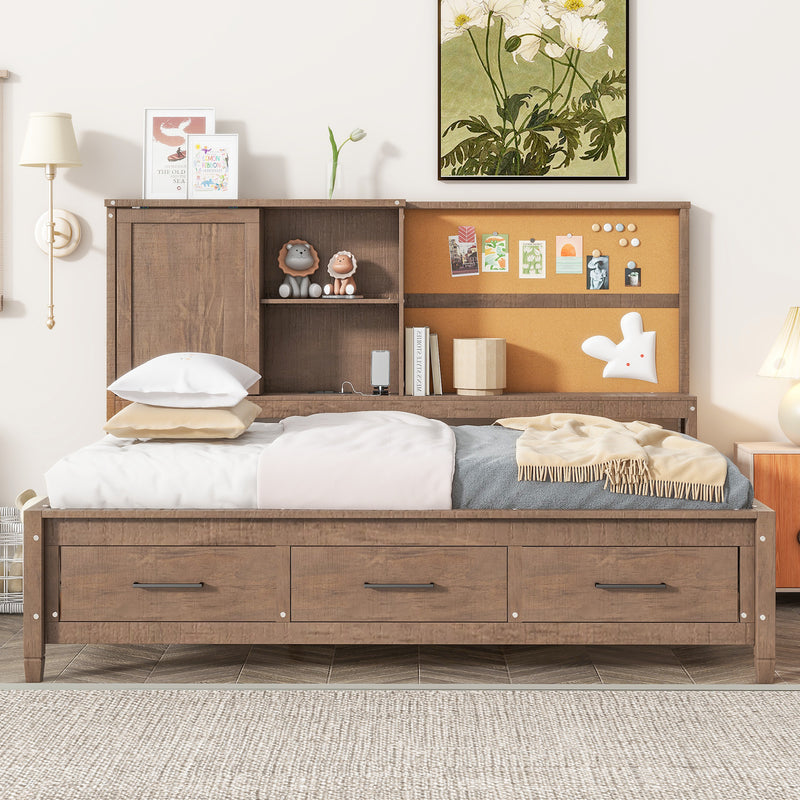 Twin Size Lounge Daybed with Storage Shelves, Cork Board, USB Ports and 3 Drawers, Antique Wood Color