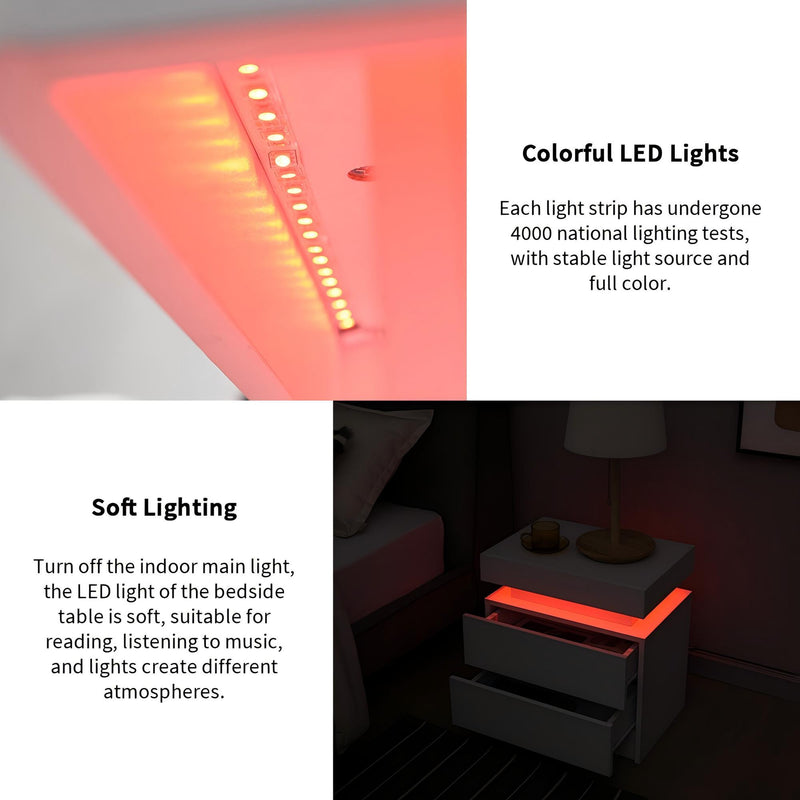 Modern LED Bedside Table Cabinet With Adjustable Lights And 2 Drawers - White