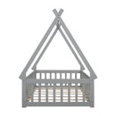 Twin Tent-shaped Floor Bed, with Guardrails, Slats, Door ,Grey