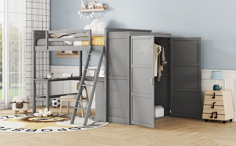 Full Size Loft Bed With Desk, Shelves And Wardrobe - Gray