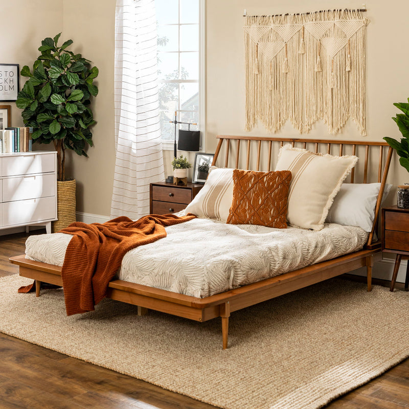 Mid-Century Modern Solid Wood Platform Bed Frame With Spindle Headboard