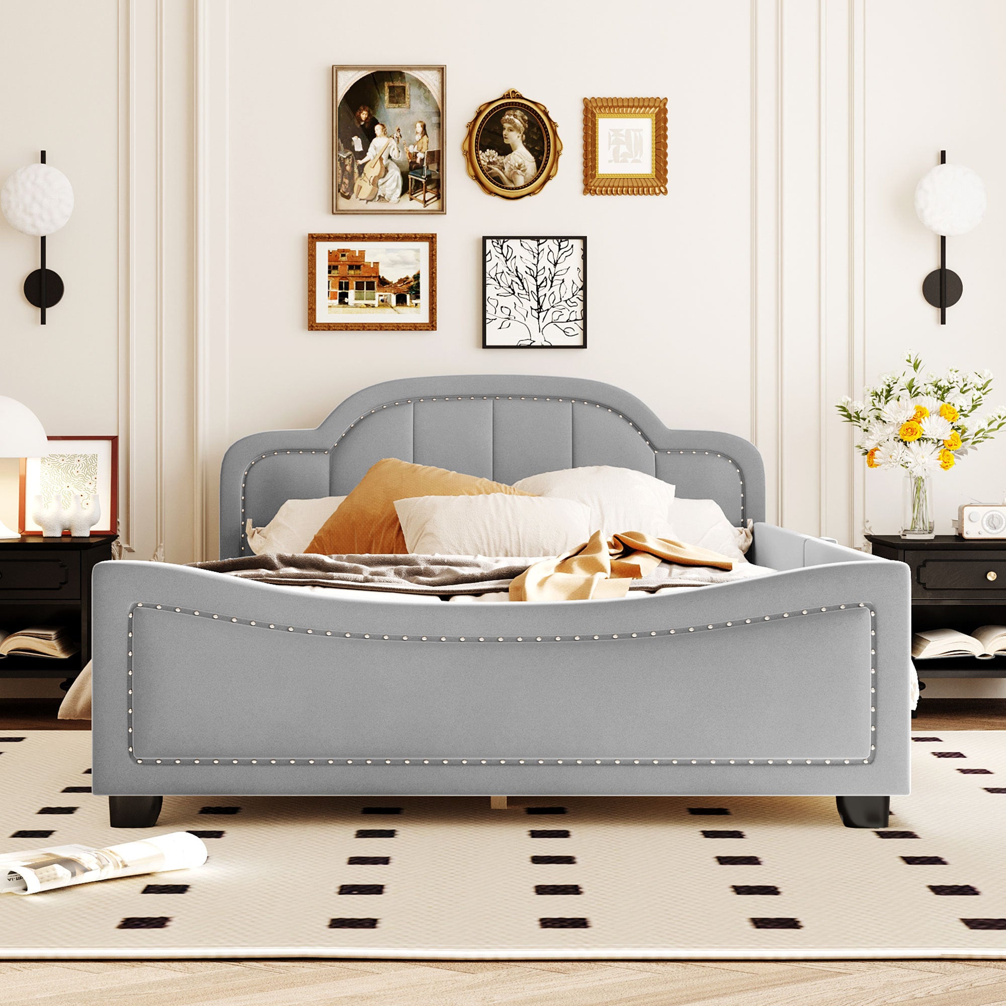 Full Size Upholstered Daybed with Cloud Shaped Headboard, Embedded Elegant Copper Nail Design, Gray - Atlantic Fine Furniture Melbourne FL