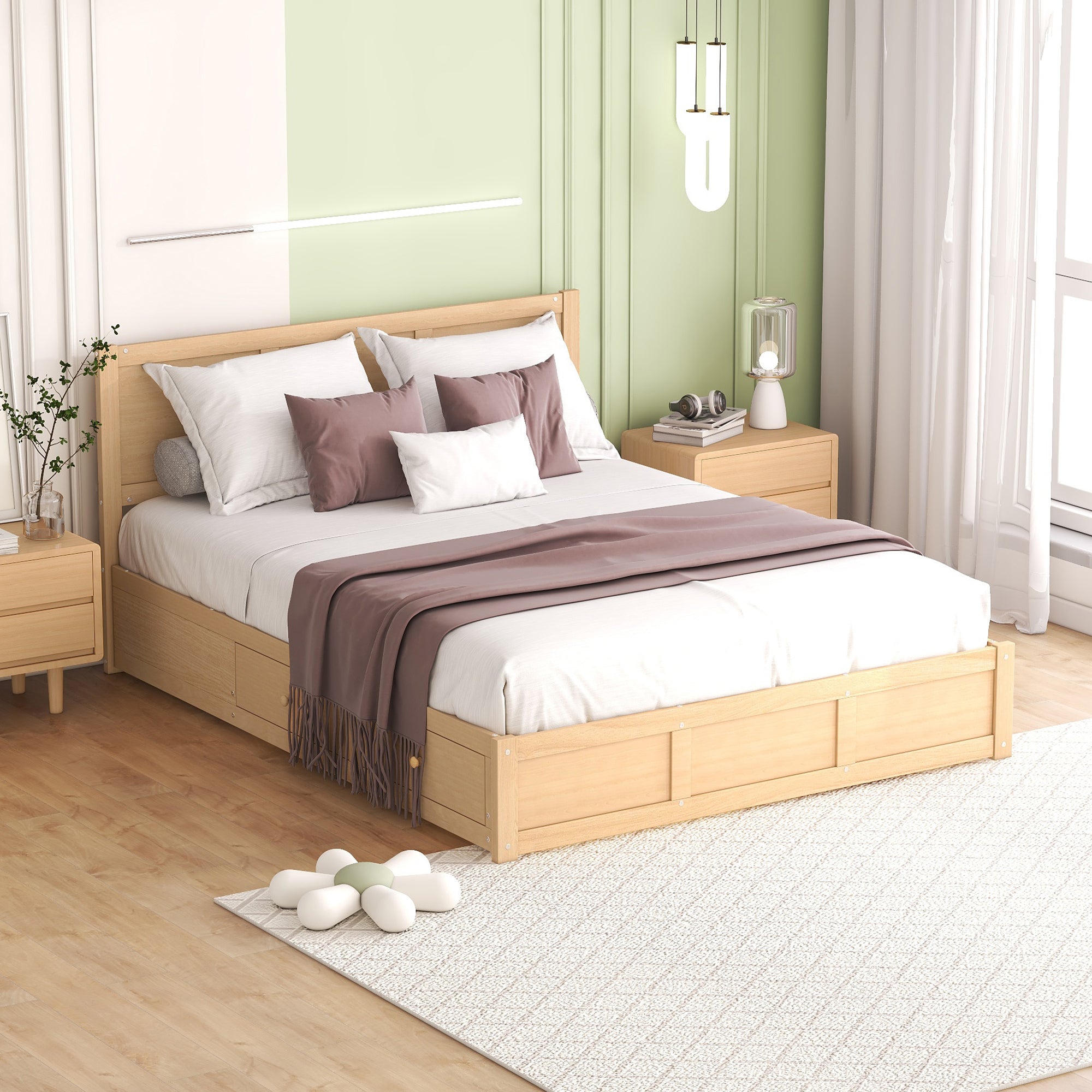 Queen Size Wood Platform Bed with Underneath Storage and 2 Drawers, Wood Color - Atlantic Fine Furniture Melbourne FL