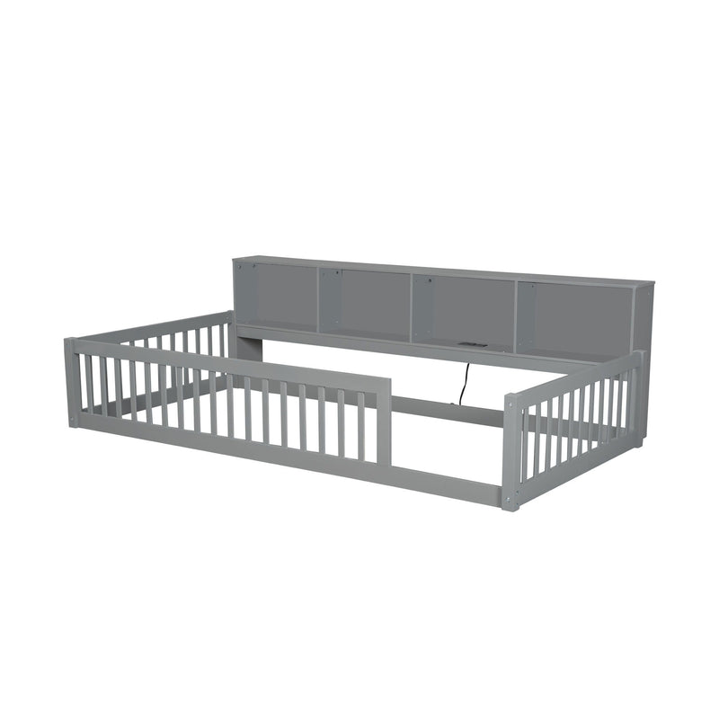 Twin Long Floor Bed With Storage Cabinets And USB Ports - Gray
