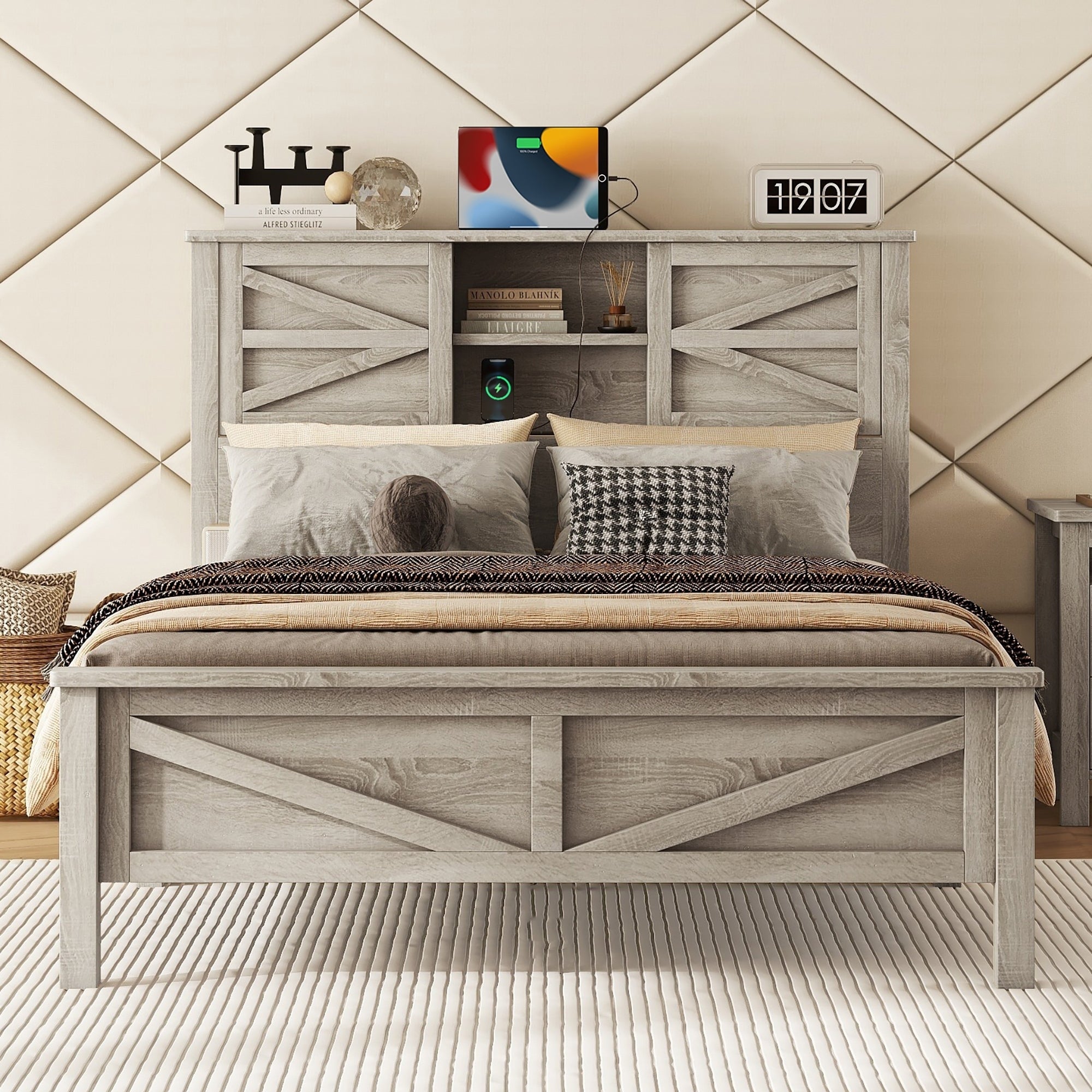 Farmhouse Platform Bed with Double Sliding Barn Door, Full Size Rustic Wood Bed with
Charging Station, Wood Slats Support, Antique Gray - Atlantic Fine Furniture Melbourne FL