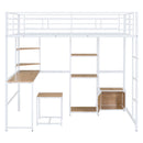 Full Size Loft Bed With Desk And Stool, With Open Style Wardrobe, Shelves And Cabinet - White