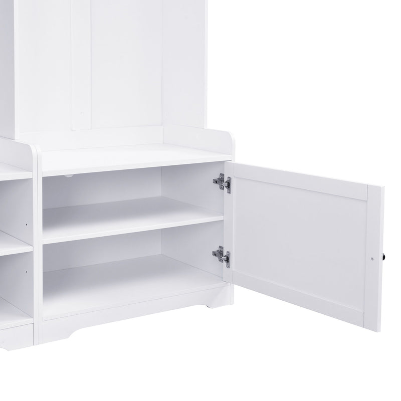 Wide Hall Tree With Shoe Storage, 4 In 1 Entryway Bench With 8 Cubbies, 7 Coat Hooks & Adjustable Shelf For Hallway - White